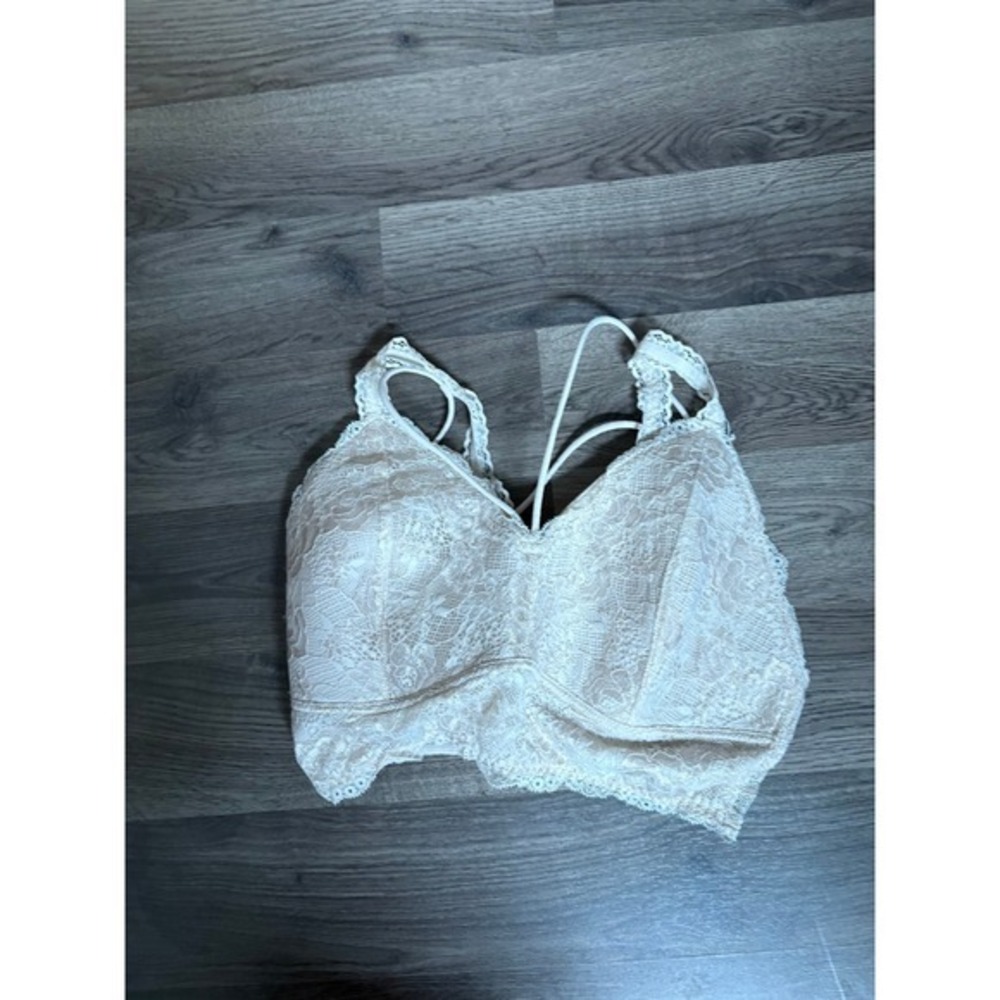 Cream Floral Lace Longline‎ Bralette Padded Strappy Back Intimates